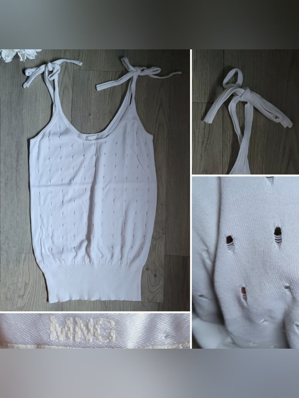 MNG Mango White Scoop Neck Tie-Shoulder Straps Pointelle Knit Blouse, US S EUR M